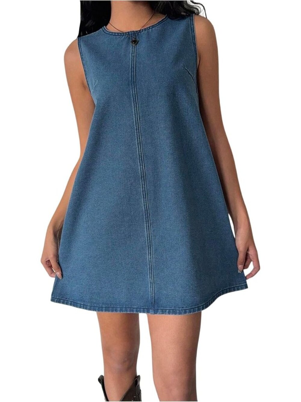 Women's Blue Bow Tie Back Crew Neck Sleeveless A-Line Short Mini Denim Dress